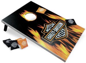 Flame bar cornhole board with Harley Davidson logo